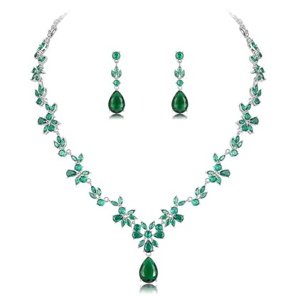 Jewelry Set for Women, Necklace Dangle Earrings Bracelet Set with White AAA Cubic Zirconia, Allergy Free Wedding Party Jewelry for Bridal Bridesmaid - color: Necklace + Earrings-White Gold-Green Emerald CZ