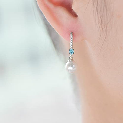 JO WISDOM 925 Sterling Silver Freshwater Pearl Hoop Earrings with Dangle Real Pearl,Simulated Pearls - color: B-8mm white pearl,aquamarine color