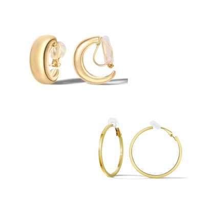 FAN&LOUIS Gold Silver Clip On Hoop Earrings,14K Gold Plated Chunky Gold Small Huggie Hoops Clip-On Earrings for Women│Small Wide Round Hoop Clip On Earrings - style: Set A