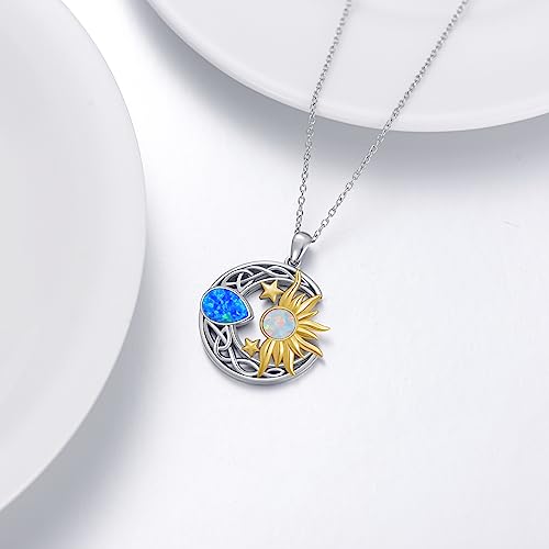 AOBOCO 925 Sterling Silver Moon Sun Star Necklace Celtic Jewelry for Women Girls - color: Silver&Gold&Blue White Opal