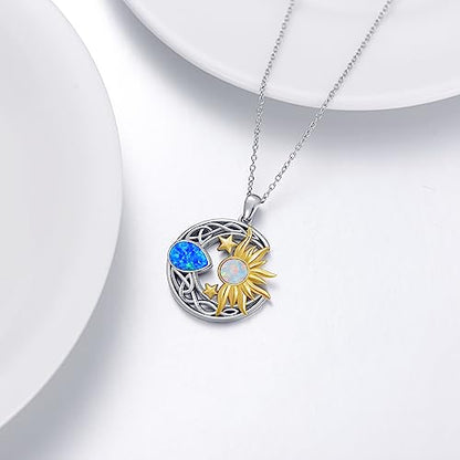 AOBOCO 925 Sterling Silver Moon Sun Star Necklace Celtic Jewelry for Women Girls - color: Silver&Gold&Blue White Opal