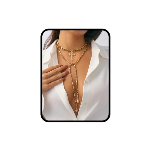 Green Beaded Lariat Necklace with Baroque Pearl Drops – Adjustable Wrap Y Style Jewelry, Beach and Bohemian Outfit Accessory for Women - color: Vintage Cross Pendant