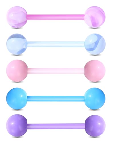 Jewseen 5PCS Tongue Barbells 14G Acrylic tongue piercing jewelry Candy Color tounge bars tongue piercing jewelry tongue rings for women - color: Blue