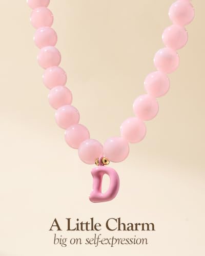 DoDoBeads Chunky Colorful Beaded Initial Necklace, Bubble Letter Choker | Gift box and dust pouch included; waterproof and sweat-resistant with real gold plated stainless steel hardware - color: Pink-D