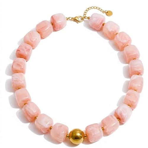 Colorful Statement Chunky Beaded Necklace for Women Trendy Y2K Boho Choker | Large Square Resin Beads Bold Summer Vacation Jewelry - color: Pink