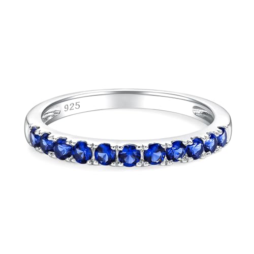 Bezel Set Birthstone Wedding Band 14K Gold Sterling Silver Stackable Half Eternity Band Rings 2.5mm Wide Ruby/Amethyst/Sapphire/Emerald Green/Aquamarine Ring for Women, Send Gift Box - style: 09-Created Sapphire