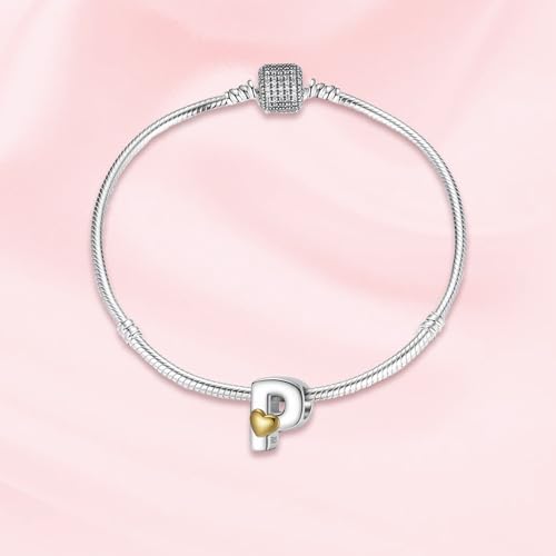 A~Z Alphabet Charm Letter Beads 925 Sterling Silver with Heart-shaped 5A Cubic Zircon Stones fits Pandora European Bracelets Necklace Jewelry Gift for Women - style: P Letter Charms