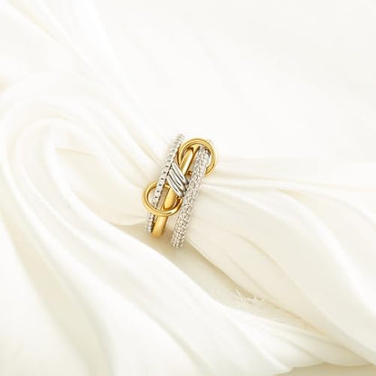 BKC Gold Stackable Rings for Women, 14k Gold Plated Chunky Statement Cubic Zirconia Rings, Silver Gold Multi Ring Interlocking Mixed Metals Stack Rings Set Non Tarnish - color: Harmony set, size: 7