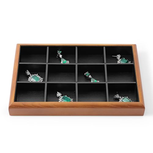 Oirlv Black Wood Jewelry Tray 12-Compartment | Black Solid Wood Frame, Soft Leather Interior, 9.84X17X1.18in with 12 Compartments, Versatile Storage, Beautiful Finish - color: Black, size: 12 grid