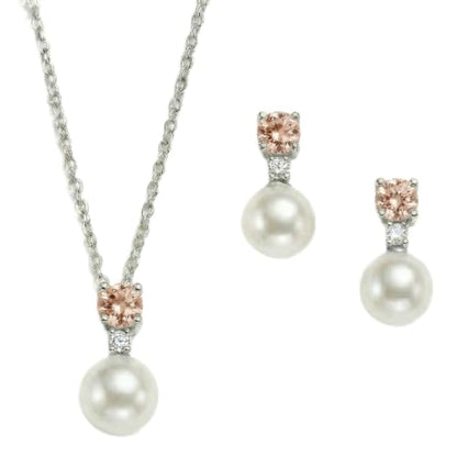 Mariell Pearl Wedding Necklace Earrings Set with CZ Crystal, Jewelry for Brides, Bridesmaid, Mother's Day - color: Silver-Champagne Cubic Zirconia