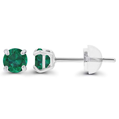 Solid 14K Gold 3mm Round Prong Set Hypoallergenic Genuine Petite Birthstone Stud Earrings - color: Emerald Created