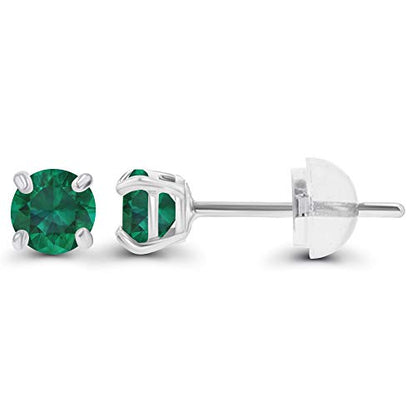 Solid 14K Gold 3mm Round Prong Set Hypoallergenic Genuine Petite Birthstone Stud Earrings - color: Emerald Created