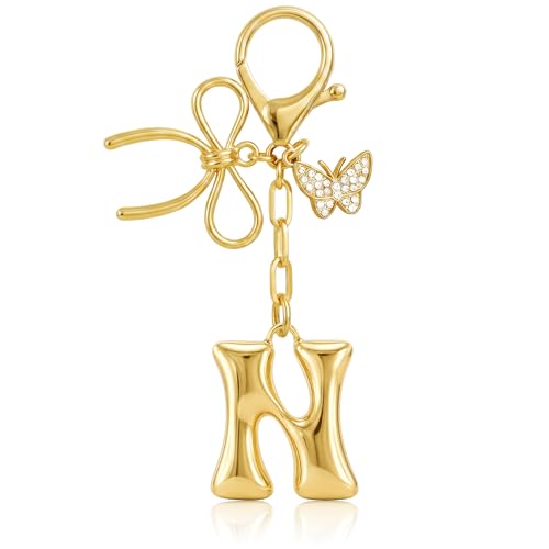 Gold Bubble Heart, Cherry, Bow & More Designs Letter Initial Keychain Bag Charms – Cute Purse Charms for Handbags - color: Bow & Butterfly, style: N