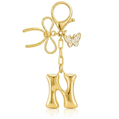 Gold Bubble Heart, Cherry, Bow & More Designs Letter Initial Keychain Bag Charms – Cute Purse Charms for Handbags - color: Bow & Butterfly, style: N