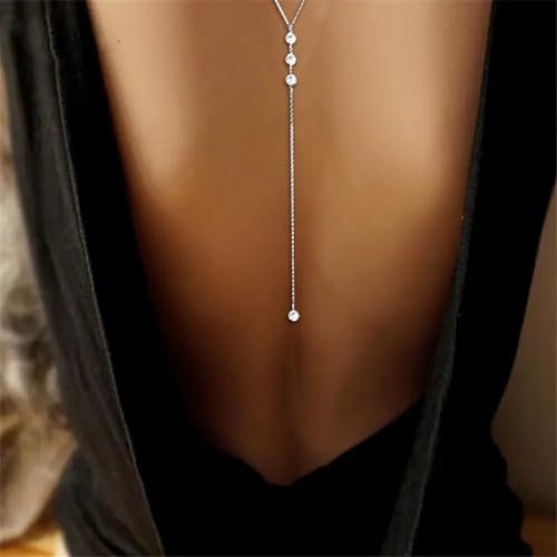 Rhinestone Back Chain Bridal Backdrop Necklace Chain for Backless Dress | Women Open Back Necklace, Summer Back Body Jewelry - color: Silver