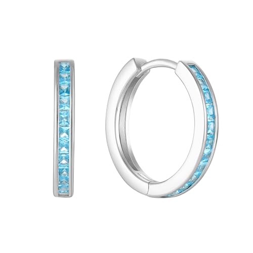 Starchenie Huggie Hoop Earrings for Women 925 Sterling Silver Princess Cut Birthstones Jewelry Gift - color: 03-Aquamarine-Mar