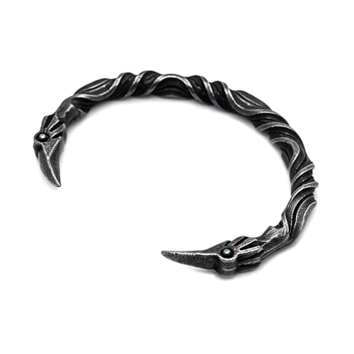 Raven Torc Bracelet for Men Norse Viking Raven Bangle Adjustable Stainless Steel Twisted Viking Jewelry - color: Black