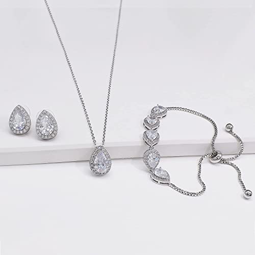 Teardrop Cubic Zirconia Jewelry Set for Women Wedding Prom Bridesmaid Gift | Sparkle Necklace Earrings Bracelet, Bride Formal Party Jewelry - color: White Gold
