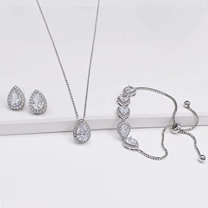 Teardrop Cubic Zirconia Jewelry Set for Women Wedding Prom Bridesmaid Gift | Sparkle Necklace Earrings Bracelet, Bride Formal Party Jewelry - color: White Gold