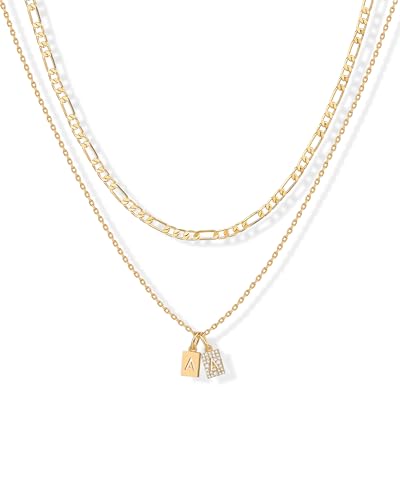 PAVOI Initial Necklace for Women, 14K Gold Plated Double Dog Tag CZ Pendant | Dainty Necklace, Letter Tag Necklace, Cubic Zirconia Pendant, Box Chain Necklace - style: - A