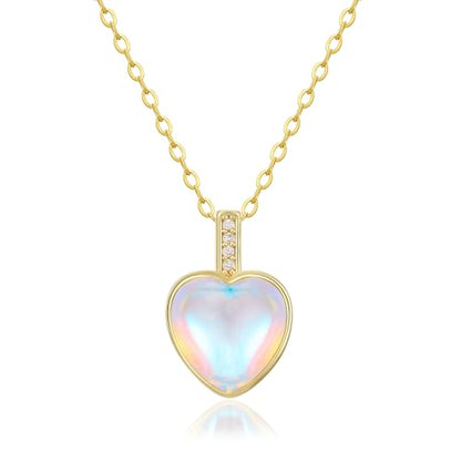 Heart Birthstone Necklace for Women, 14K Gold Plated Birthstone Pendant Necklace Cubic Zirconia Diamond Necklace Dainty Gold Necklace Birthday Gifts for Women Girls - color: 06. June(Moonstone)