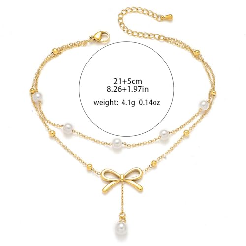 Kokoma Bow Knots Pearl Dangle Anklet for Women Elegant Bows Double Layered Anklets Chain Stackable Adjustable Foot Link Chains Jewelry Stainless Steel