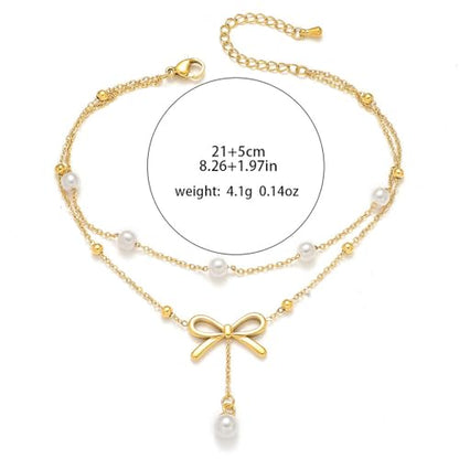 Kokoma Bow Knots Pearl Dangle Anklet for Women Elegant Bows Double Layered Anklets Chain Stackable Adjustable Foot Link Chains Jewelry Stainless Steel