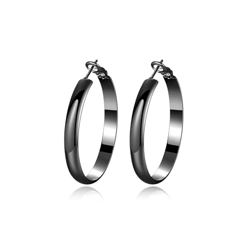 EXGOX 5mm Wide Gold Hoop Earrings for Women,Sterling Silver Hoop Earrings Large Silver Hoop Earrings Hypoallergenic Lightweight 14K Real Gold Plated Big Hoop Earrings for Women 30/40/50/60/70mm - color: Black Hoop-30mm