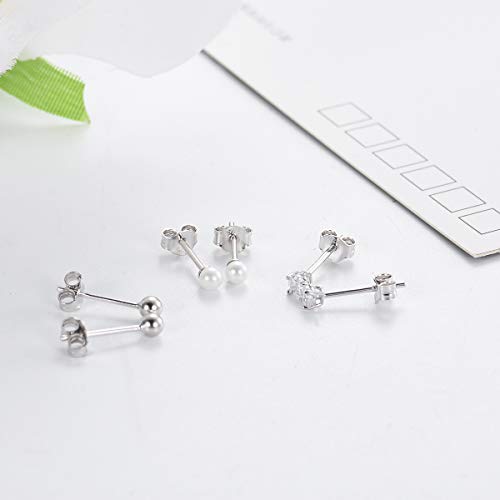 EPIRORA Sterling Silver Stud Earrings for Women Men- 3 Pairs 3mm Tiny Ball Stud Earrings Round CZ Earrings Pearl Earrings Set Cartilage Small Tragus Earrings - style: 3 Pairs-Pearl*1,Round Ball*1,CZ*1