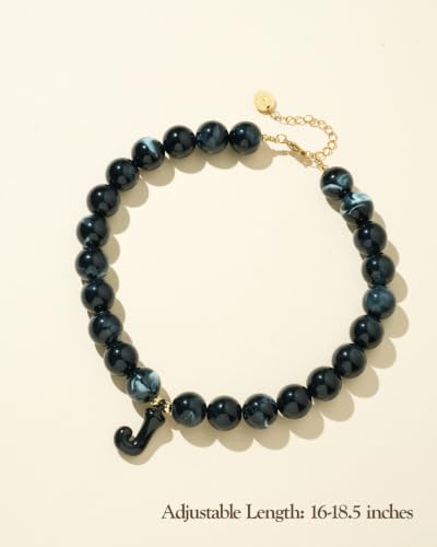 DoDoBeads Chunky Colorful Beaded Initial Necklace, Bubble Letter Choker | Gift box and dust pouch included; waterproof and sweat-resistant with real gold plated stainless steel hardware - color: Black-J