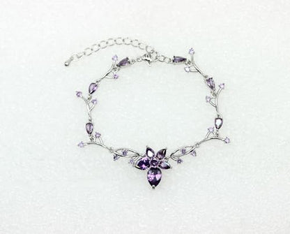 Faship Gorgeous CZ Crystal Floral Necklace Earrings Set - color: Purple / Matching Bracelet