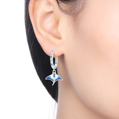 925 Sterling Silver Hoop Earrings Drop Dangle Earrings for Women Hypoallergenic Earring Trendy Huggie Earring Cute Graduation Birthday Gifts Jewelry for Women - color: Blue Manta Ray earrings
