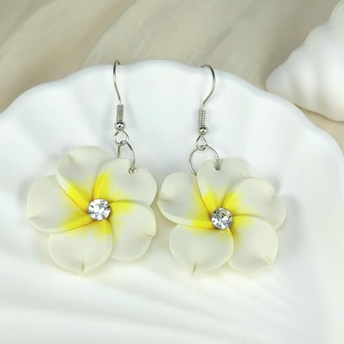 Floral Dangle Earrings for Women Hawaiian Tropical Plumeria Rubra Flower Drop Earrings with Cubic Zirconia Luau Beach Party Vacation Hawaiian Accessories Jewelry Gift - color: White