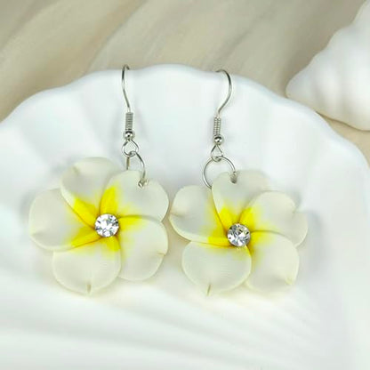 Floral Dangle Earrings for Women Hawaiian Tropical Plumeria Rubra Flower Drop Earrings with Cubic Zirconia Luau Beach Party Vacation Hawaiian Accessories Jewelry Gift - color: White