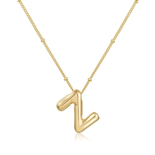 Gold Bubble Initial Necklace for Women Balloon Letter Necklace 18K Gold Plated Dainty Alphabet Pendant Puffy Name Personal Necklace - color: Z