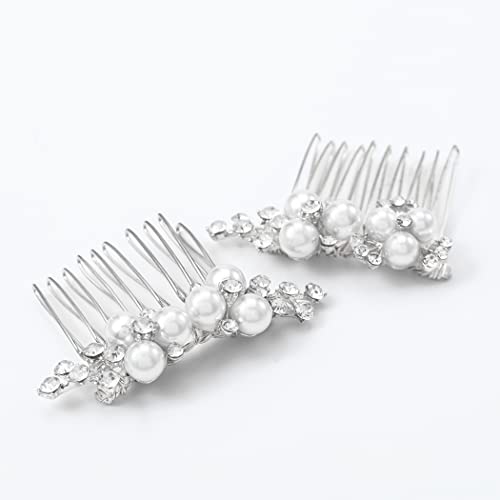 Asooll Gold Wedding Pearl Hair Comb Bride Crystal Headpiece Bridal Rhinestone Hair Clip Hair Accessories for Women(Set of 2) (B-Silver) - color: B-Silver