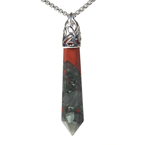 Justinstones Hexagonal Pointed Reiki Chakra Pendant Stainless Steel Chain Necklace 20 Inch Iron Gift Box - color: African Bloodstone