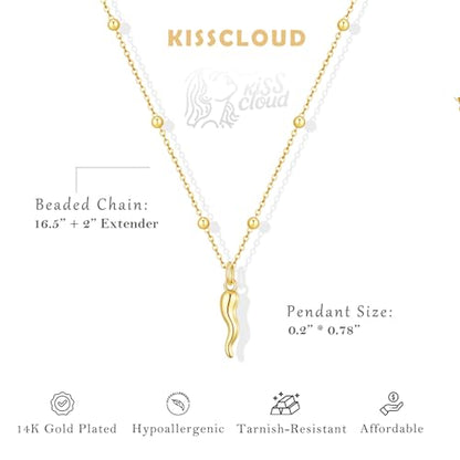 Gold Silver Necklace for Women, Dainty Cubic Zirconia Pendant | Teardrop CZ Charm, 14K Gold/Sterling Silver Plated, Adjustable Chain, Hypoallergenic & Waterproof Jewelry, Cute Trendy Gift - color: Gold-Italian horn/ball chain