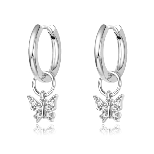 DAILY VIBES Cute Butterfly Star Cross Heart CZ Dangle Earrings for Women | 925 Sterling Silver Post, 14K Gold or Silver Plated, Mini Cubic Zirconia Dainty Drop, Cartilage Small Huggie Hoop Earrings - color: Silver Butterfly CZ