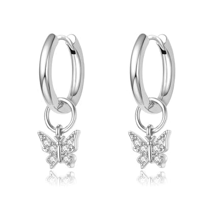 DAILY VIBES Cute Butterfly Star Cross Heart CZ Dangle Earrings for Women | 925 Sterling Silver Post, 14K Gold or Silver Plated, Mini Cubic Zirconia Dainty Drop, Cartilage Small Huggie Hoop Earrings - color: Silver Butterfly CZ