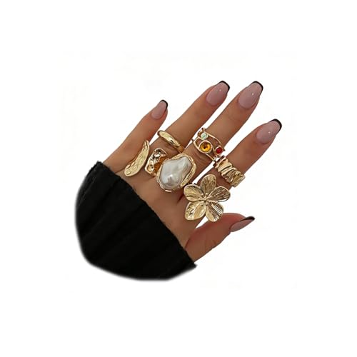 Gold Silver Chunky Ring Set for Women,Open Stacking Knuckle Statement Ring,Boho Flower Baroque Pearl Rings Set,Minimalist Aesthetic Rings Jewelry Gifts