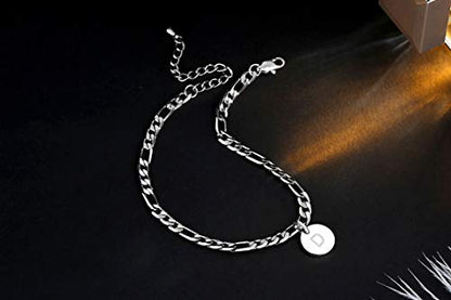FOSIR 18k Gold Plated/Silver Tone Initial Anklets for Women, Surgical Stainless Steel Ankle Bracelets for Women Figaro Chain Anklet Beach Jewelry, Waterproof - style: A-silver