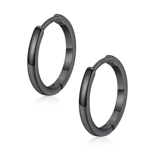 FaithHeart 925 Sterling Silver Post Huggie Hoop Earrings for Women 8-20mm | Silver/Black/Gold/Rose Gold Small Hoop Earrings, Hypoallergenic Lightweight Cartilage Huggie Earrings, Gift Box - color: Black, size: 14mm