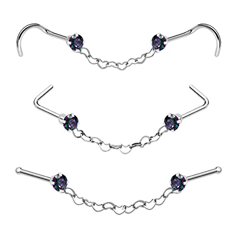 Nose Ring Chain Across Nose Black Stainless Steel Nostril Nose Piercing Chain with Cubic Zirconia Nose Screw Bone L-Shaped Ring for Women Body Piercing Nostril Jewelry with Bridge Chain - color: Silver-Heart Nose Chain Studs