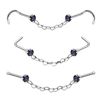 Nose Ring Chain Across Nose Black Stainless Steel Nostril Nose Piercing Chain with Cubic Zirconia Nose Screw Bone L-Shaped Ring for Women Body Piercing Nostril Jewelry with Bridge Chain - color: Silver-Heart Nose Chain Studs