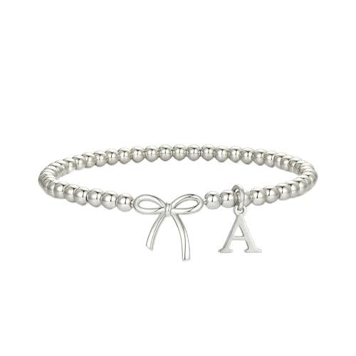 Letter A-Z Bracelets for Women Teen - Inital Beaded Bracelet with Bowknot Charm, Dainty Stretch Stackable Bracelet, Trendy Jewelry Gifts for Birthday Easter Basket Stuffers - style: Silver: A