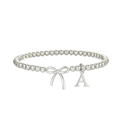 Letter A-Z Bracelets for Women Teen - Inital Beaded Bracelet with Bowknot Charm, Dainty Stretch Stackable Bracelet, Trendy Jewelry Gifts for Birthday Easter Basket Stuffers - style: Silver: A