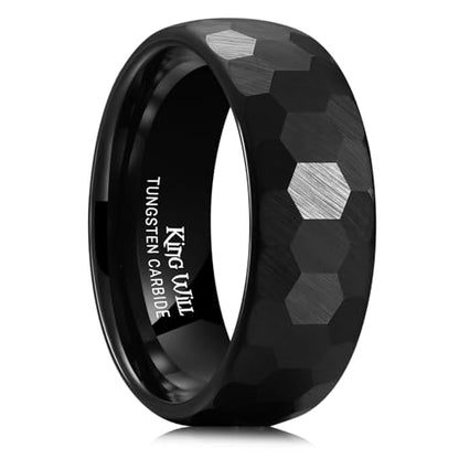 King Will Men's Tungsten Carbide Wedding Ring Hammered Groove Wedding Band Mens Two Tone Engagement Ring for Men and Women Matte Brushed Finish Comfort Fit - color: 8mm Blcck Hexagon