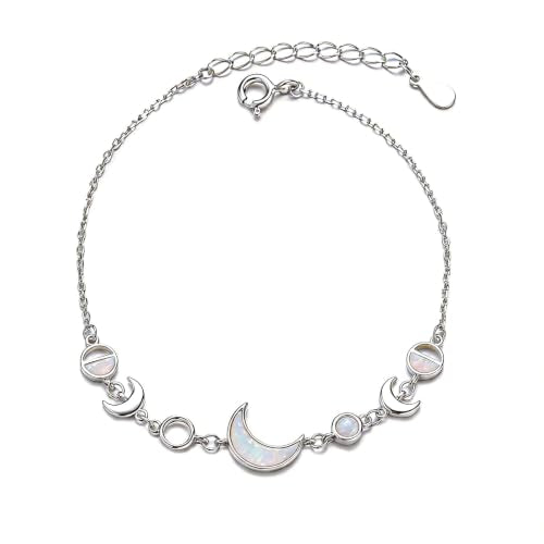 Moon Phase Bracelet Gold/Silver Opal Moon Charm Bracelet Adjustable Opal Style Crescent Charm Chain Bracelets with White Bead Accents Celestial Jewelry Outfit Accessories Gift for Women - color: A2: Silver Opal