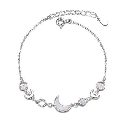 Moon Phase Bracelet Gold/Silver Opal Moon Charm Bracelet Adjustable Opal Style Crescent Charm Chain Bracelets with White Bead Accents Celestial Jewelry Outfit Accessories Gift for Women - color: A2: Silver Opal